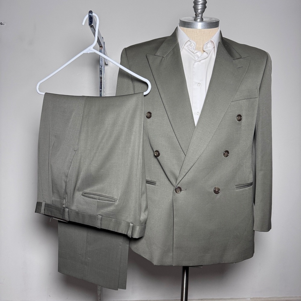 Kasper‎ Suit Mens 44R 37x30 Olive Green Solid Double Breasted Pure Virgin Wool